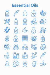 Collection of essential oil themed line icons, including bottles, plants, and aromatherapy elements, displayed in a grid layout.