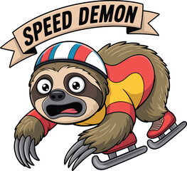 Surprised sloth wearing helmet skates with speed demon banner cartoon skating