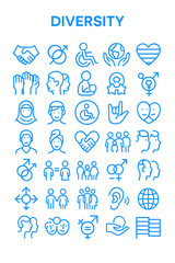 Blue line icons representing diversity, inclusion, and equality concepts on a white background.