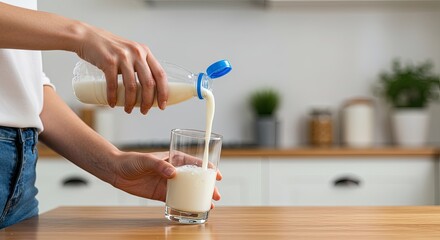 Person pouring milk from bottle into glass