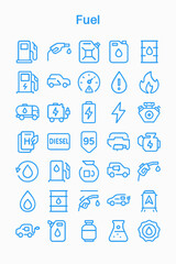 Obraz premium A collection of blue line icons depicting various fuel types, vehicles, and refueling methods.