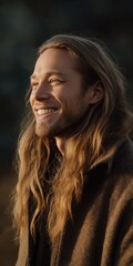 Fototapeta premium Smiling young caucasian male with long hair in outdoor setting