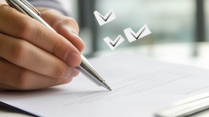 Close-up of hand signing document, checkmarks floating nearby.