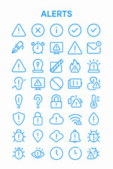 A collection of light blue line icons depicting various alert and notification symbols.
