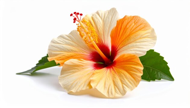 Flor de hibisco con p&eacute;talos anaranjados y centro rojo brillante, estambres prominentes y hojas verdes laterales