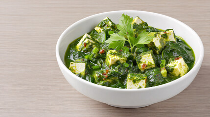 Palak Paneer: A mouthwatering close-up of Palak Paneer, the popular Indian dish with fresh spinach and paneer cheese, ready to eat.