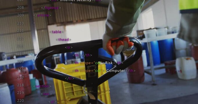 Warehouse worker pulling pallet jack with crate, generating HTML code illustrating cyber security