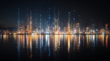Cityscape at Night with Light Pillars and Reflections
