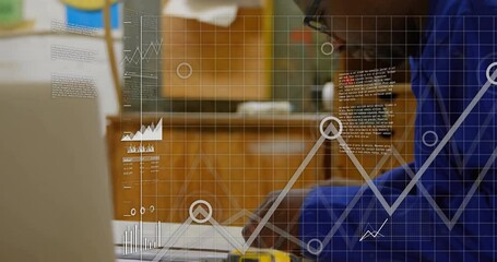 Man in coveralls picking straightedge marking blueprint with animated graphs guiding engineering - Powered by Adobe