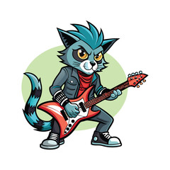 Cool Punk Rock Cat Playing Electric Guitar Vector Illustration. Edgy Feline Musician Character Art with Mohawk, White Background, Perfect for Stickers, Posters, and Apparel.