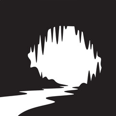 Abstract cave entrance with winding river silhouette and stalactites