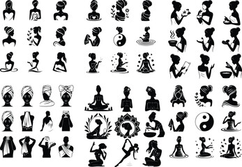 Spa Girl with Towel Silhouette – Beauty & Relaxation Icon Set Wellness Spa Female Icon – Towel Wrap Silhouette Vector Design