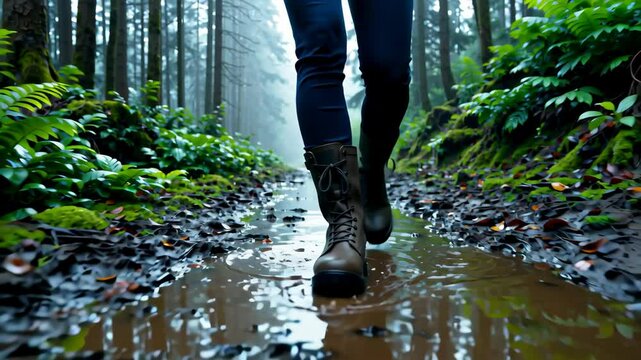 Tracking shot of muddy boots