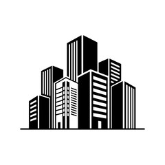 Black and white single icon with a business theme, created with multiple buildings
