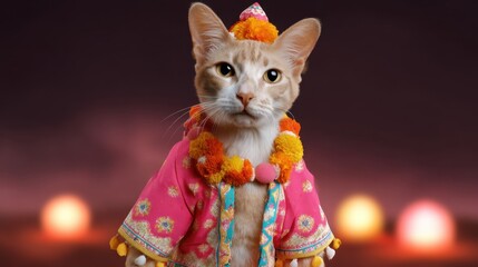 Orange cat in festive pink attire with marigold garland and colorful lights