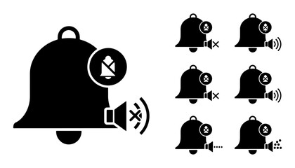 Vector collection of black bell icons with red notification badges, mute symbols, and vibration marks on white background