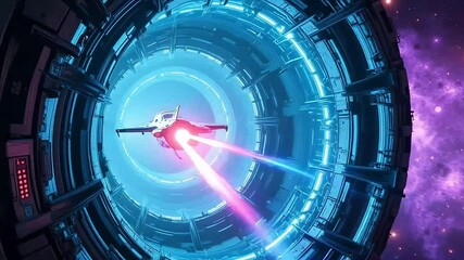 A spaceship flying through a blue portal with lasers firing in a purple nebula background view