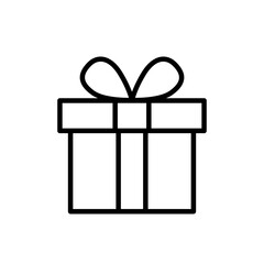 Black vector line icon of gift box with bow on white background.