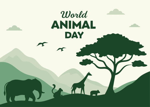 World Animal Day Illustration Silhouette Animals in a Green Landscape with Birds and Text Overlay stylized
