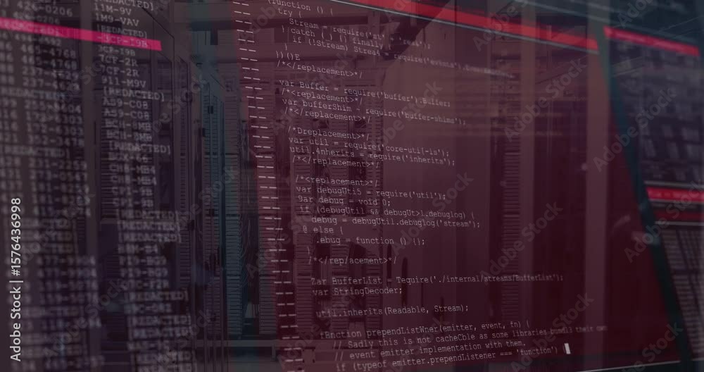 Poster red neon beam sweeping over server racks causing code scrolling densifying for data visualization