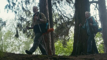 Full slowmo shot of active senior Caucasian couple with backpacks and trekking poles hiking together in woods enjoying active lifestyle - Powered by Adobe