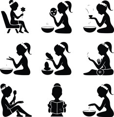 Spa Girl with Towel Silhouette – Beauty & Relaxation Icon Set Wellness Spa Female Icon – Towel Wrap Silhouette Vector Design