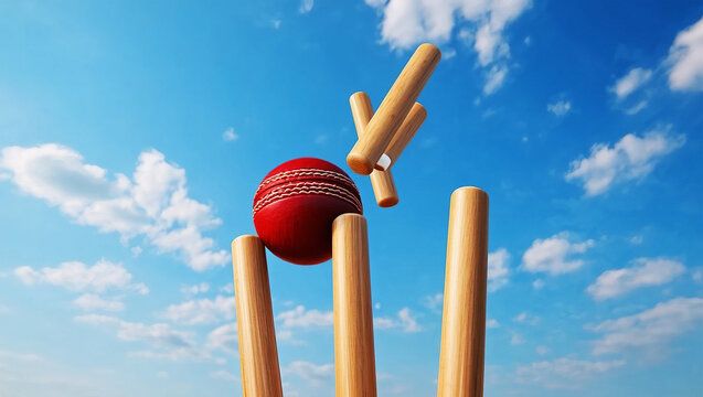 Red cricket ball hitting wooden wickets against blue sky image