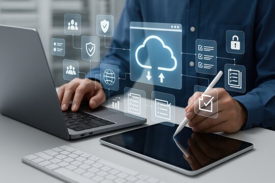Digital Cloud Computing: A modern professional uses a laptop and a digital tablet to access cloud computing, symbolizing technological advancement and secure data management. 