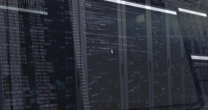 Camera panning along server racks initiating overlay fade showing code scrolling for monitoring