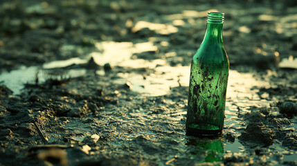 Green glass bottle in muddy water with dirt green bottle