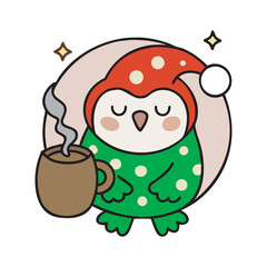 Sleepy Owl In Pajamas Drinking Cocoa