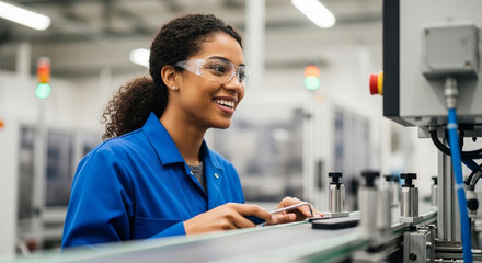 portrait of woman working happily on a industrial facility