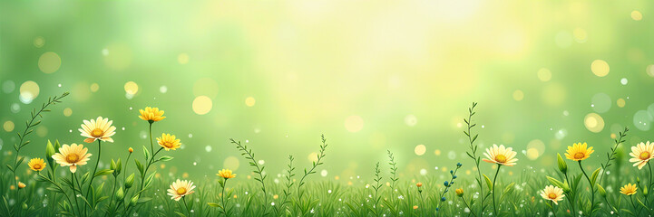 Fototapeta premium A serene and lush green meadow filled with white and yellow daisies in full bloom under a bright sky, ideal for a birthday celebration.