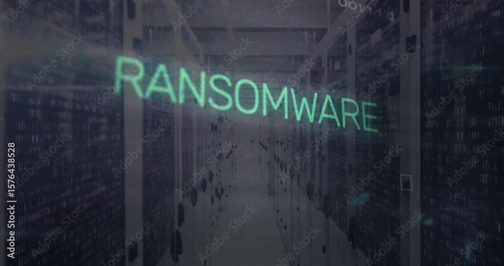 Poster fragment forming left starting floating text morphing into ransomware alert and binary code pulsing