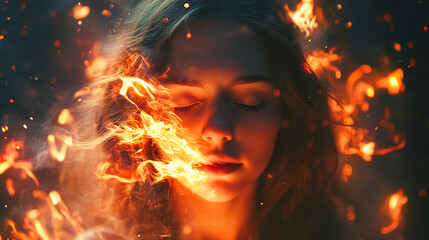 Woman with fire around her face flame passion