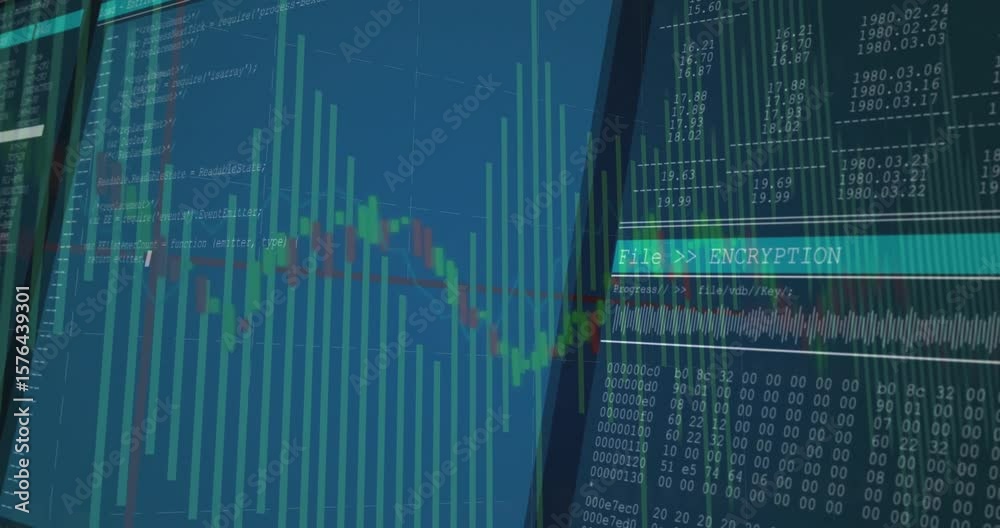 Poster opening charts and code scrolling while encryption interface overlaying charts for encrypting