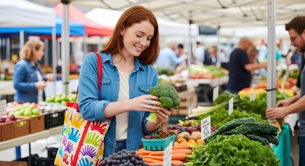 Obraz premium Happy woman carefully selects fresh broccoli at a bustling outdoor farmers market.