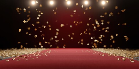 Red carpet under sparkling lights with falling gold confetti