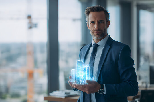 Confident Businessman in Tailored Suit Holding Glowing 3D Holographic Building Model in Modern Glass Office with City View and Construction, Symbolizing Growth and Success

