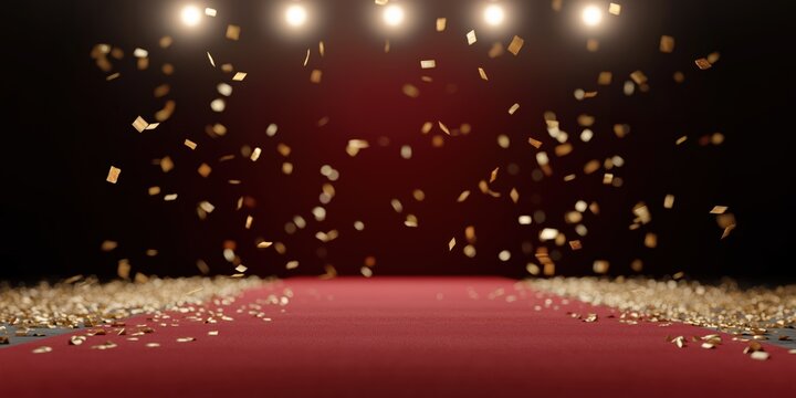Red carpet under sparkling lights with falling gold confetti