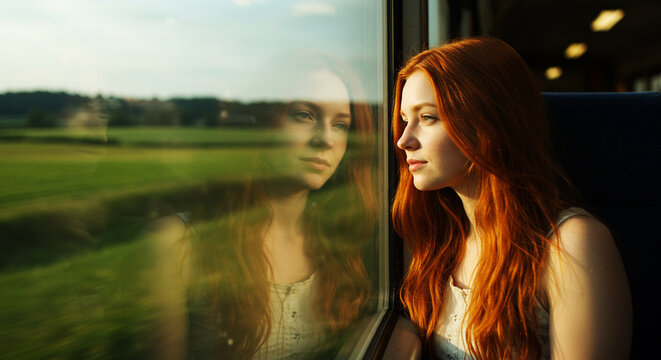 Woman with red hair looking out train window at sunset