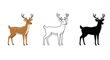 Deer illustration in color outline and silhouette with white background