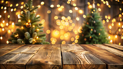 Winter holiday celebration with a decorated fir tree on a rustic wooden table, adorned with gold ornaments and a star, capturing the seasonal joy