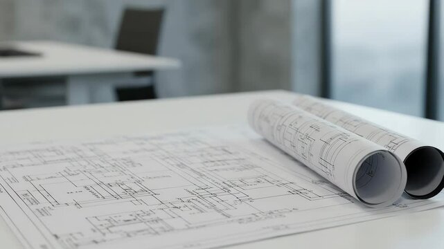 Architectural blueprints rolled on a white table in modern office  