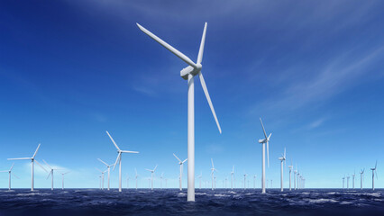 Offshore wind turbines standing in calm sea, representing clean energy, sustainability, and modern...