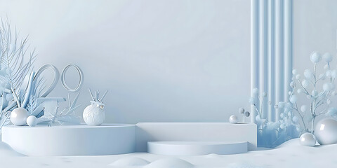 Minimalist white scene with abstract floral elements and geometric shapes
