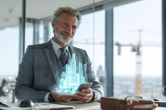 Confident Businessman in Tailored Suit Holding Glowing 3D Holographic Building Model in Modern Glass Office with City View and Construction, Symbolizing Growth and Success

 - Powered by Adobe