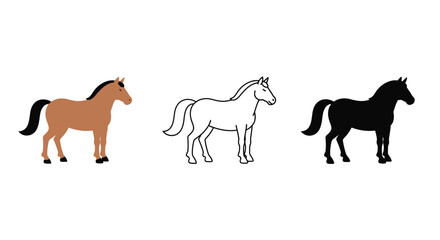 Horse illustration set in color outline and silhouette styles on white