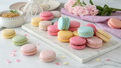 Fototapeta premium Colorful Macarons Delight A Sweet Treat Arrangement for a Pastel and Cheerful Culinary Still Life
