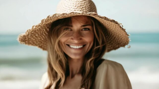 Young woman smiling with a straw raffia hat at the beach  